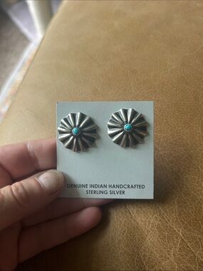 Sterling Silver Handcrafted Concho Earrings with Turquoise Accent